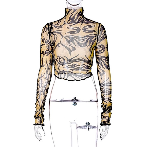 Tan mesh tribal striped long sleeve top - Picture 6 of 14